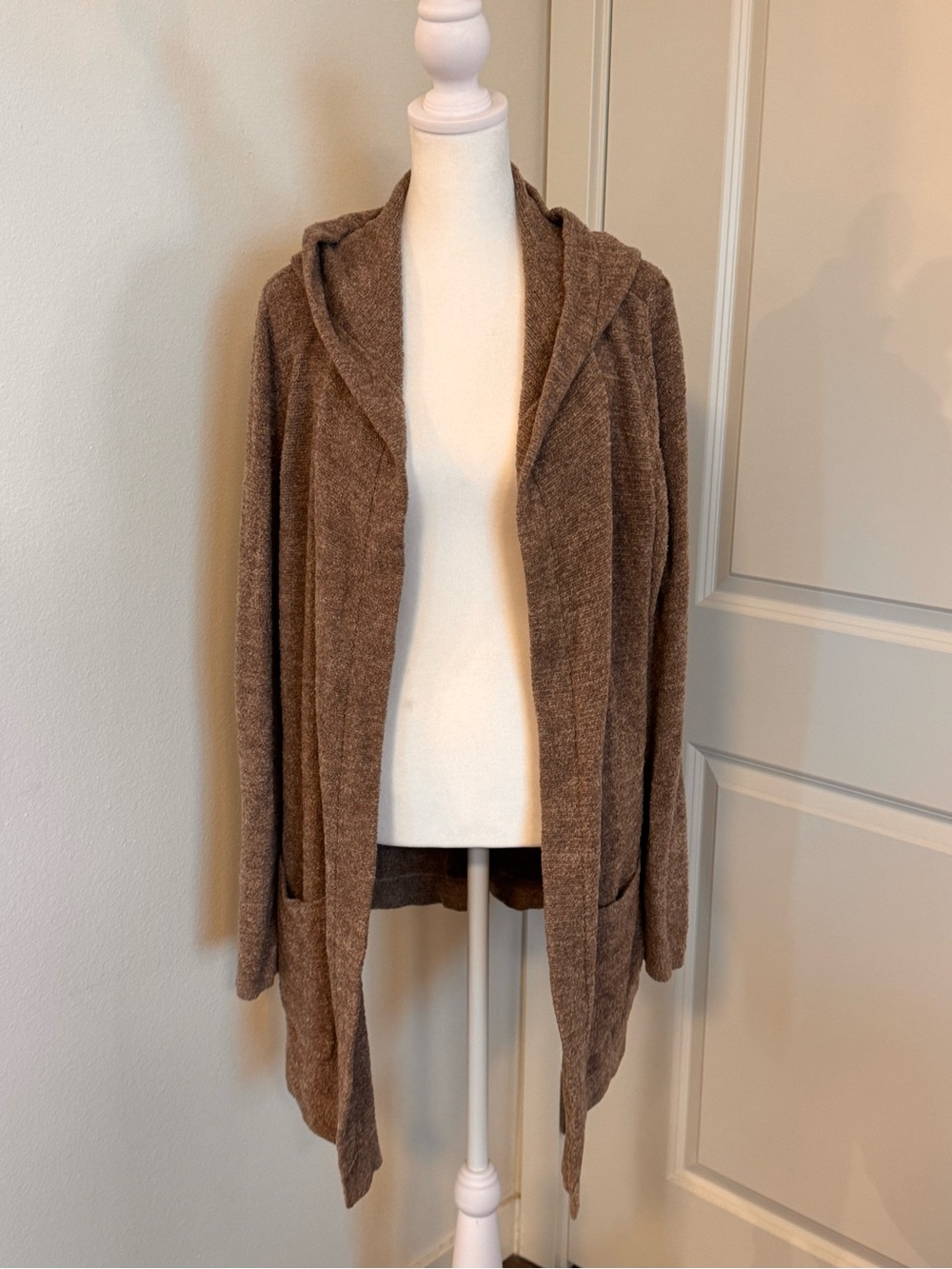 Barefoot Dreams CozyChic Lite Hooded Open Front Cardigan Sweater 1X Taupe Brown